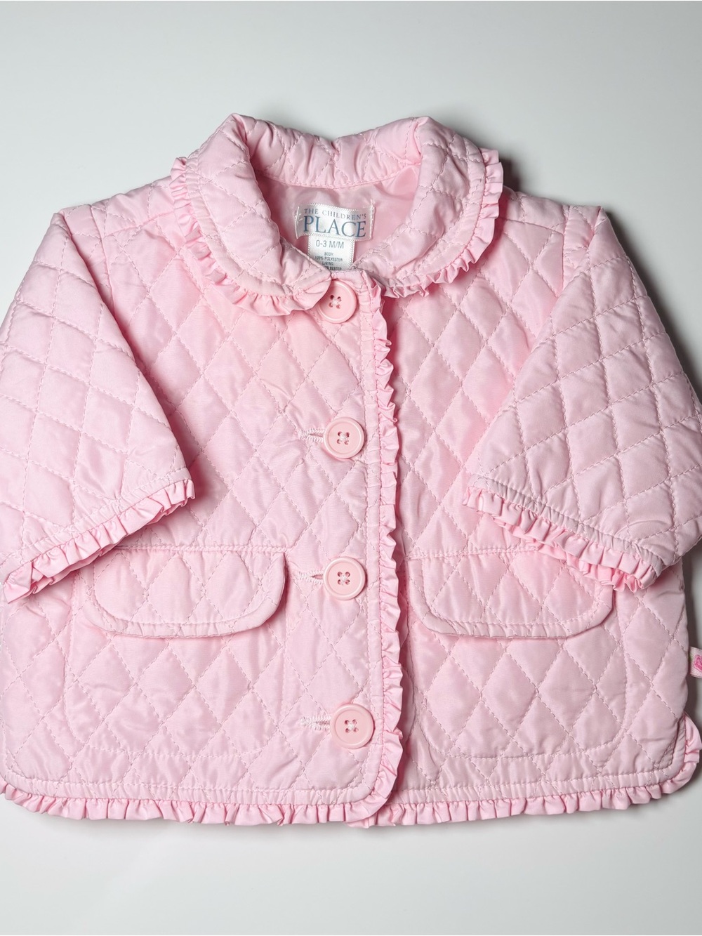 Vintage Y2K The Children's Place Pink Quilted Ruffle Trim Ruffled Jacket 0-3M